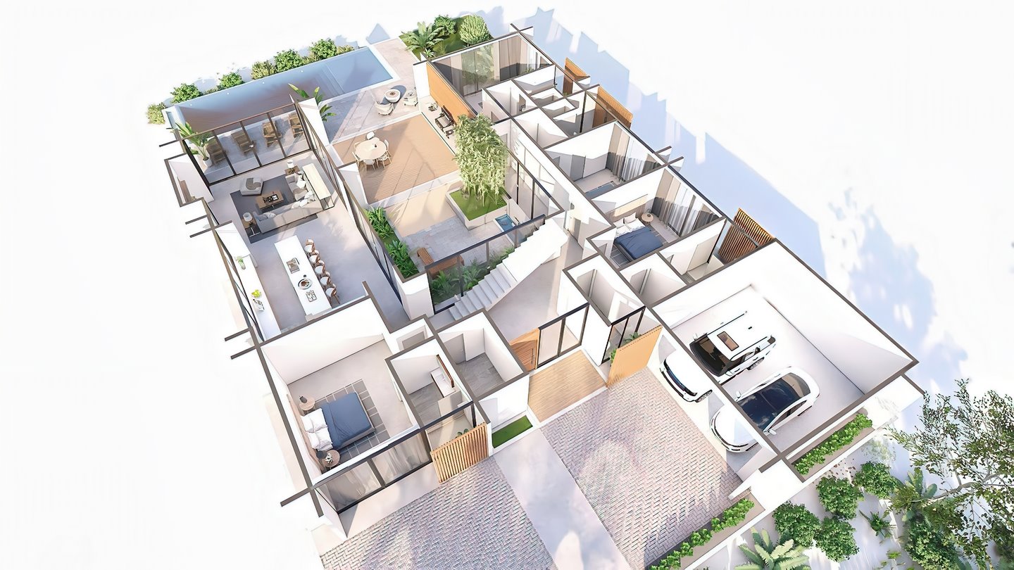 10069-Plan du rez-de-chaussée d'une maison de 6 chambres incluant deux étages