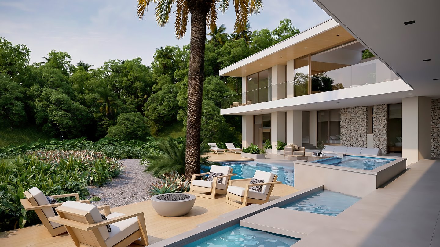 10446-Vue de côté de la piscine et du jardin